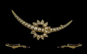 Antique Period Attractive 15ct Gold Sun & Crescent Moon Brooch, set with seed pearls with 9ct Gold