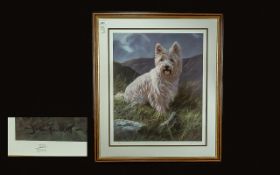 A Limited Edition Signed Coloured Print of a White Scotty Dog overall size 24 by 28 inches. Signed
