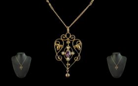 Victorian Period - Pleasing 9ct Gold Open Worked Pendant Drop Set with Amethysts / Seed Pearls