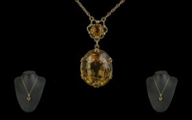 Ladies 9ct Gold - Superb Large Faceted Citrine's Set Drop Necklace. The Large Faceted Steps Design