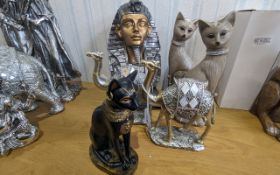 Egypt Interest - Head of Tutankhamun in silvered effect, 12'' tall, together with two 11'' tall