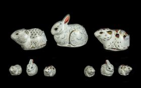 Three Royal Crown Derby Members Pack Paperweights, comprising 'Bank Vole' with gold stopper, 'Bunny'