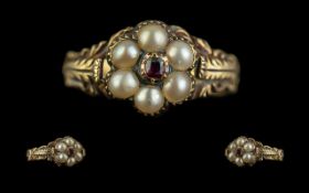 Georgian Attractive 18ct Gold Garnet and Seed Pearl Dress Ring.