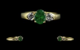 Ladies 18ct Gold Attractive Emerald & Diamond Set Three Stone Dress Ring, marked 18ct to interior of