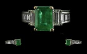 Ladies Excellent Quality Contemporary Designed Emerald & Diamond Set Ring -Marked 18ct (750) To