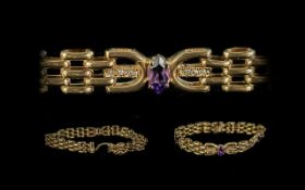 A Superb Quality 9ct Gold Bracelet, Set with Diamonds and Amethysts, Safety Chain. Full Hallmark for