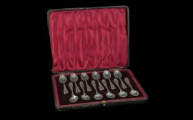 Edwardian Period Excellent Set of Boxed 12 Sterling Silver Tea Spoons, With Ornate Stylish Stems.