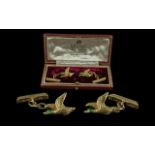 Mid 19th Century 18ct Gold - Superb Quality Figural Flying Gold and Enamel Mallards Cufflinks For