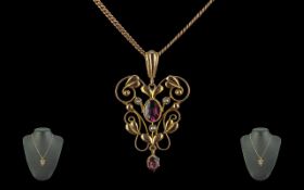 Victorian Period - Attractive 9ct Gold Open Worked Pendant Set with Fire Garnets and Seed Pearls,