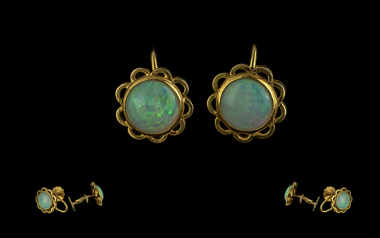18ct Gold - Attractive Pair of Opal Set Earrings. Marked 18ct. The Round Opals of Excellent - Image 2 of 2