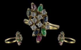 Ladies 15ct Multi-Gem Set Cluster Ring. Marked 15 to Interior of Shank. Set with Diamonds,