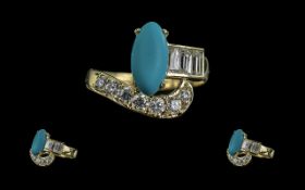 Ladies - 14ct Gold Superb Contemporary Diamond and Turquoise Set Dress Ring. Marked 585 - 14ct.