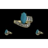 Ladies - 14ct Gold Superb Contemporary Diamond and Turquoise Set Dress Ring. Marked 585 - 14ct.