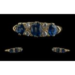 Antique Period - Pleasing Gallery Set 18ct Gold Blue Sapphire and Diamond Set Ring. Full Hallmark
