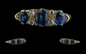 Antique Period - Pleasing Gallery Set 18ct Gold Blue Sapphire and Diamond Set Ring. Full Hallmark