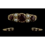 Antique Period 9ct Gold Garnet and Pearl Set Dress Ring, Ornate Setting. Full Hallmark to Shank.