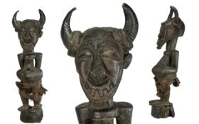 Antique Tribal Carving, Stylized Figure With Horns, Height 27 inches