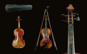 German 19th Century Unsigned Violin, with two vioi bows and case, features maple split back.
