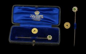 Antique Period 18ct Gold Stick Pin, Set with Emerald and Pearls + 18ct Gold Stud, Both Marked