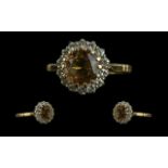Ladies 18ct Gold Attractive Smoky Topaz and Diamond Set Cluster Ring. Marked 18ct to Interior of