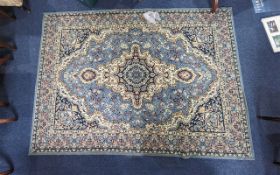 Large Wool Rug, blue with traditional pattern with central design. Rug measures 66'' x 93'' approx.