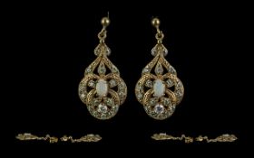 Antique Period - Attractive Pair of 9ct Gold Brushed With Higher Ct Gold Diamond and Opal Set