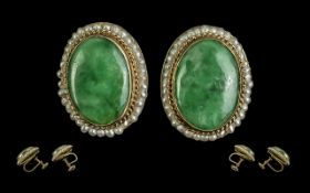 Ladies Pair of Attractive 14ct Gold Jade and Pearl Set Earrings. Marked 14ct. Jade of Excellent