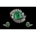 Art Deco 1930's Ladies - Superb 18ct White Gold Emerald and Diamond Set Cocktail Ring. The Central