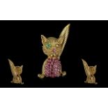 Tiffany & Co. Superb 18ct Gold Novelty Winking Cat Brooch, gem set with rubies and emeralds.