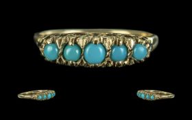 Antique Period - Attractive 9ct Gold Turquoise Set Ring. Full Hallmark to Shank. The Five