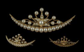 Antique Period - Pleasing 18ct Gold Seed Pearl Set Crescent and Star Burst Brooch, Exquisite