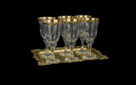 Set of Six Gilt Rimmed Wine Glasses, 8"