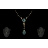 Art Nouveau Attractive 9ct Gold Aquamarine Set Necklace with Drop, Marked 9ct.