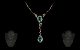 Art Nouveau Attractive 9ct Gold Aquamarine Set Necklace with Drop, Marked 9ct.