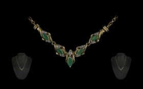 Ladies Attractive 9ct Gold Emerald & Diamond Set Necklace, marked 9.375.