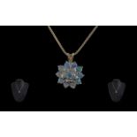 Attractive Ladies 10ct Gold Opal Cluster Set Pendant. On 10ct Gold Chain.