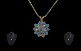 Attractive Ladies 10ct Gold Opal Cluster Set Pendant. On 10ct Gold Chain.