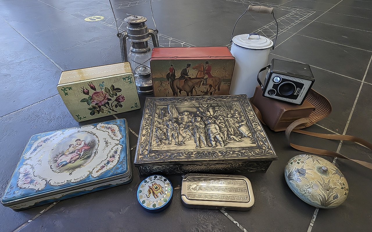 Box of Collectibles including a Tilley lamp, assorted vintage tins, various boxes and a box camera.