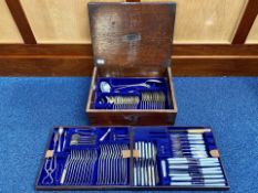Vintage Oak Box Containing Cutlery, comprising assorted knives, forks, spoons, serving spoons, etc.