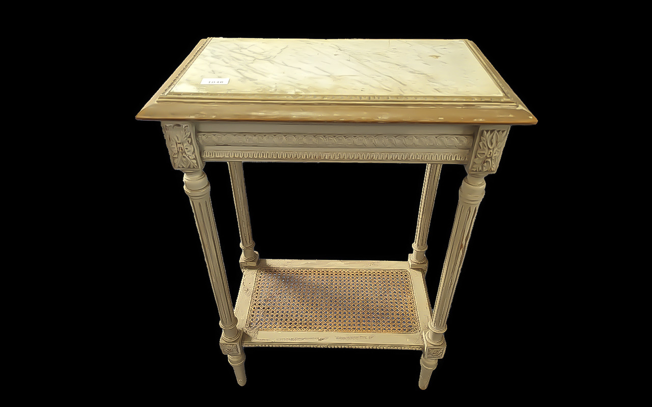 Small Hall/Occasional Table, with marble effect top, lower rattan shelf, raised on four column legs.
