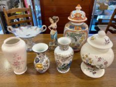 Box of Collectible Porcelain & Pottery, including Spode large lidded pot, Melba Ware vase,