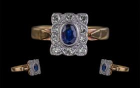 Antique Period Art Nouveau Design 18ct Gold Sapphire and Diamond Set Ring of rectangular form,
