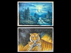 Two Large Oil on Canvas Unframed Paintings, one depicting a tiger and two cubs, the other a mountain