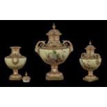 Royal Worcester Fine Handpainted Twin Mask Handle Pedestal Lidded Vase,