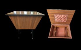 Sewing Box - 1950's Teak Sewing Box, raised on four black splayed legs,