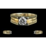 18ct Two Tone Gold - Superior Quality Single Stone Diamond Set Ring, Contemporary Design. Full
