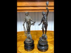 Two Bronzed Spelter Figures 'Le Travail' and 'La Force', measure approx. 14" high.