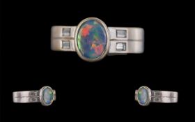 18ct Gold Superb Quality Single Stone Black Opal Set Ring with diamond set shoulders,
