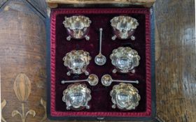 Late Victorian Period Boxed Set of Six Sterling Silver Footed Small Salts / Spoons.