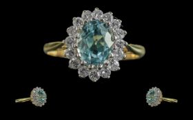 Ladies 18ct Gold Excellent Quality Aquamarine and Diamond Set Cluster Ring. Flower head Design.